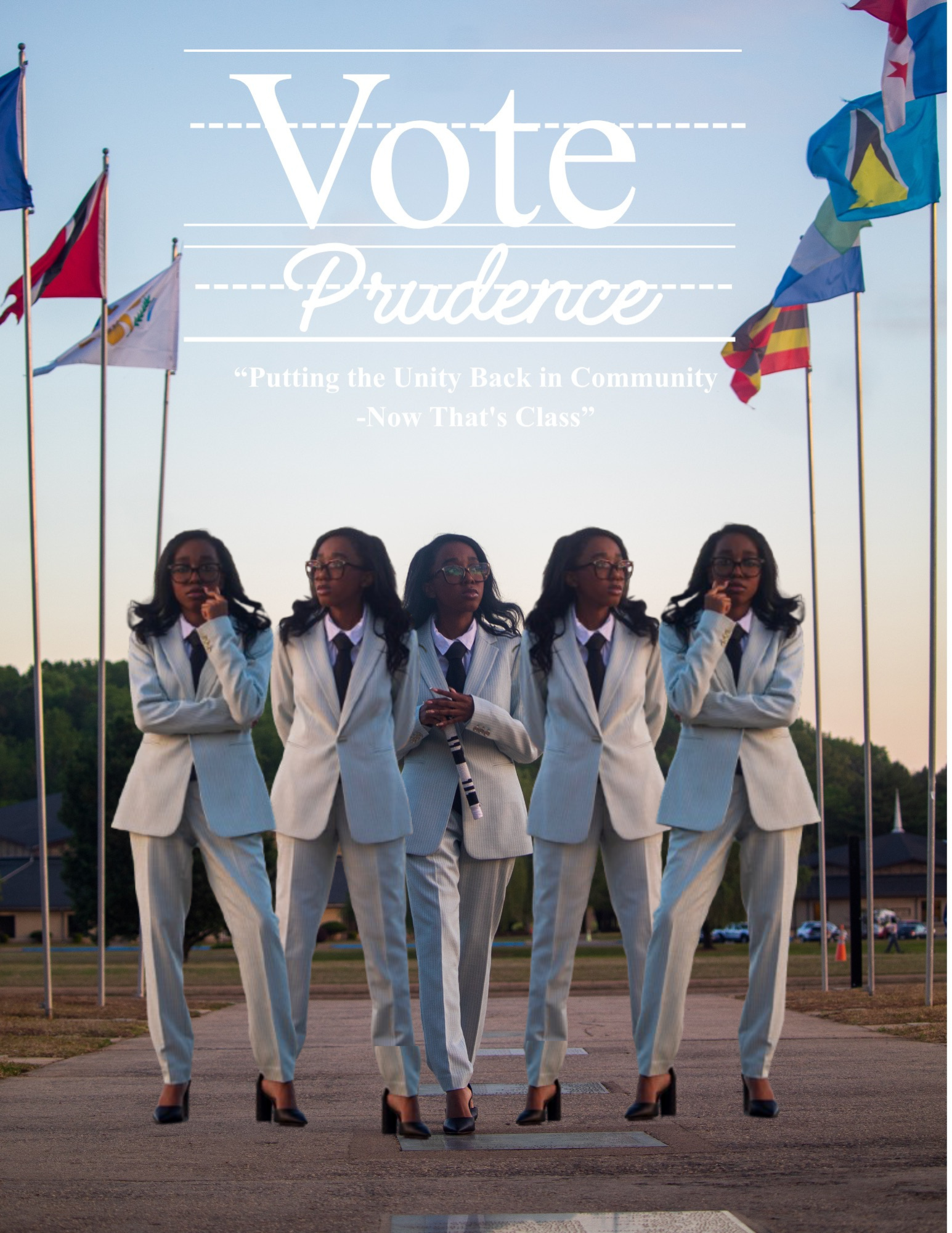 Prudence standing confidently among international flags